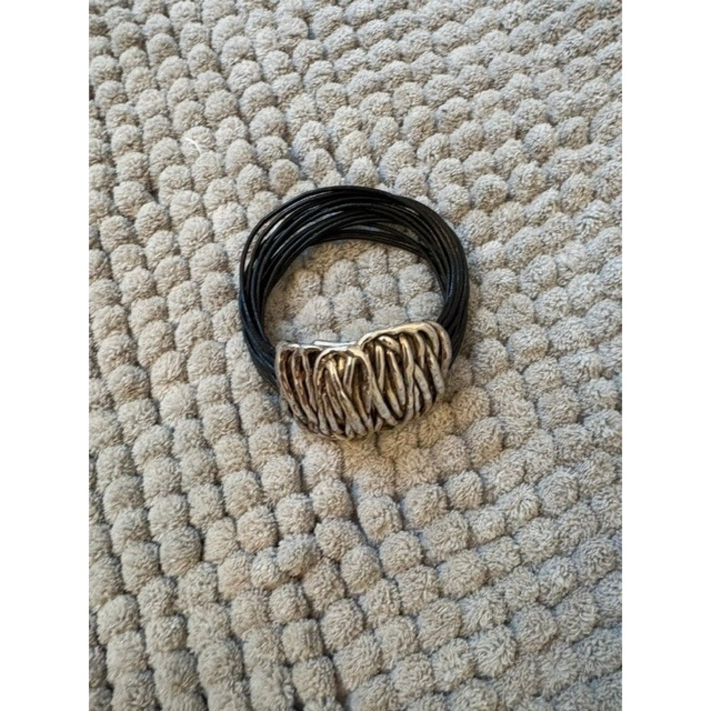 Black Multi-Strand Leather Cord Wrap Bracelet‎ Silver Tone Magnetic Clasp Boho